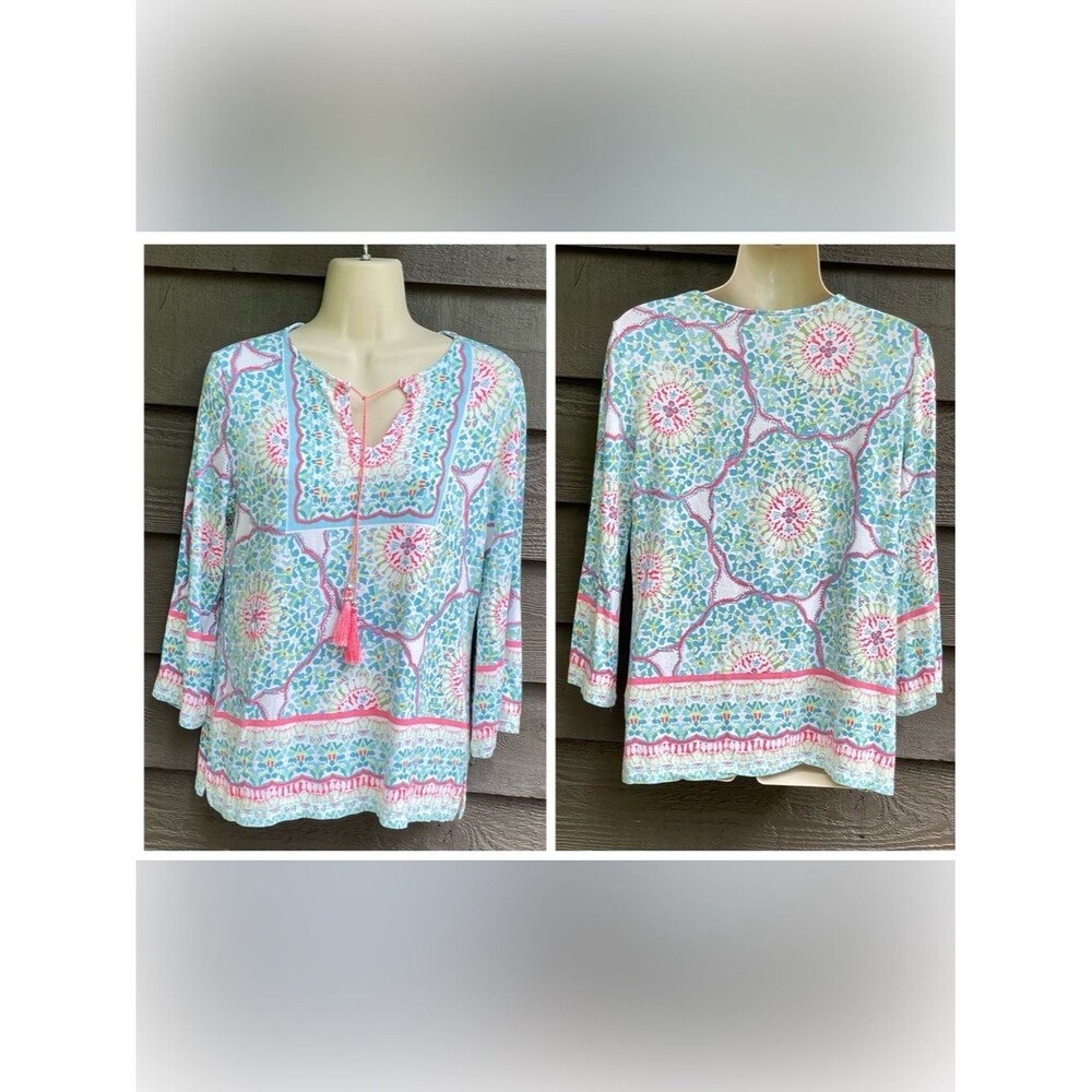 Ruby Rd Boho Medallion Tassel Top Rayon 3/4 Sleeve Pastel Tunic Women's PS